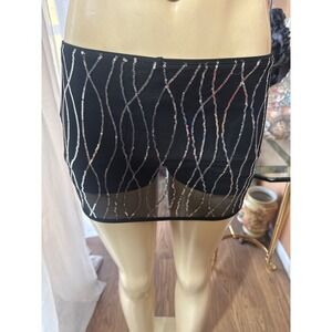 Black‎ Mesh Sequin Mini Skirt Silver Wave Pattern Party Clubwear Size M